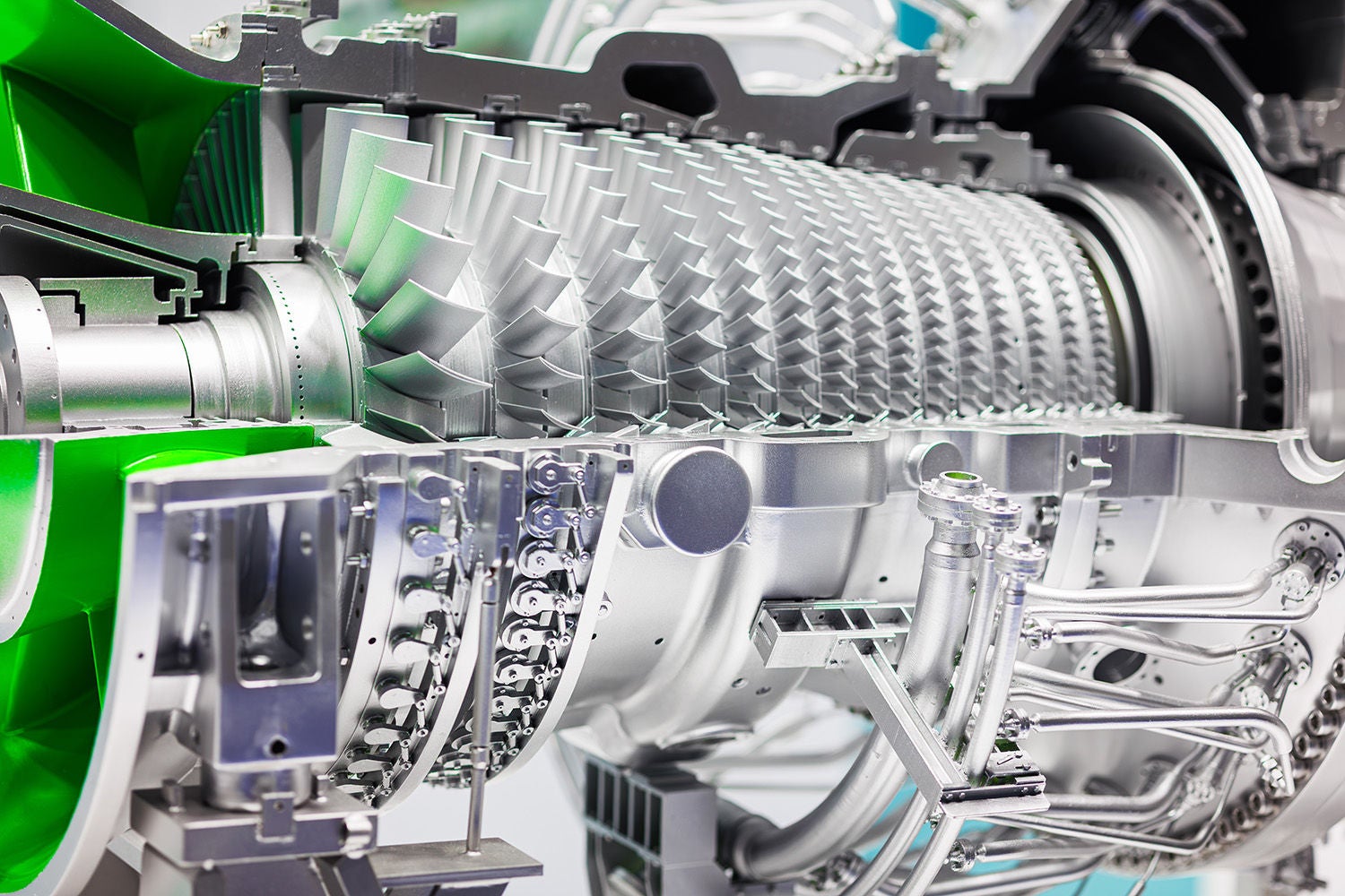 Gas turbine engine. Turbine engine blades rotor, Industrial turbine motor, Composite metal blades of turbine advance industrial technology.